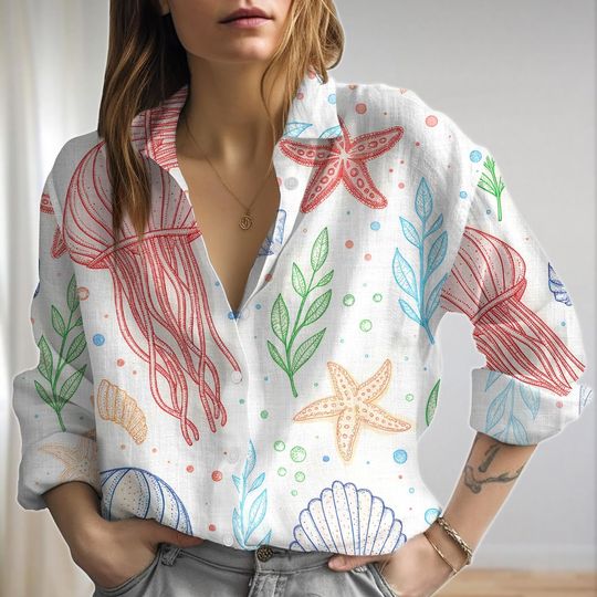 Colorful Starfish Blouse Shirt, Sea Life Casual Shirt, Starfish Women Shirt, Ocean Animal Long Sleeve Shirt, Gift For Her