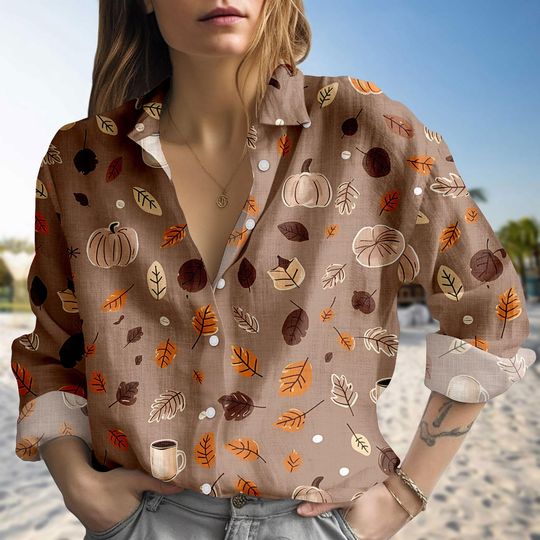 Fall Pumpkin Blouse Shirt, Autumn Women Shirt, Pumpkin Forest Casual Shirt, Spooky Season Shirt, Halloween Gift