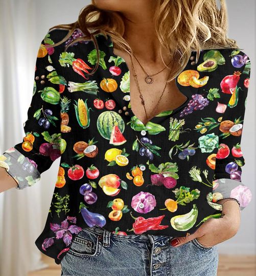 Fruit Veggie Linen-Look Shirt, Vegetable Garden Blouse Shirt, Vegetable Long Sleeve Shirt, Healthy Fruit Shirt, Fruit Button Up Shirt