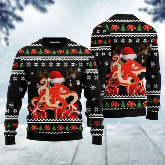 Christmas Octopus Ugly Sweater, Red Octopus Xmas Sweater, Ocean Animal Holiday Sweater, Sea Lover Ugly Sweatshirt, Christmas Gift