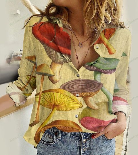 Mushroom Linen-Look Shirt, Cottagecore Blouse Women Shirt, Botanical omen Blouses, Plant Lover Gift, Garden Lover Shirt, Gift For Her