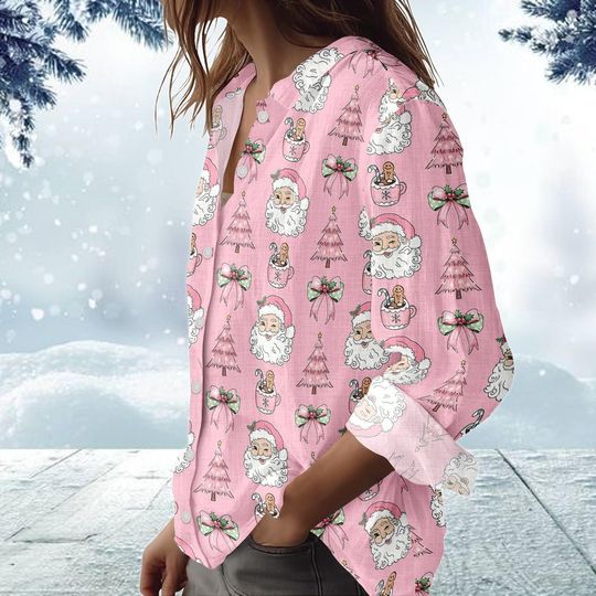 Pink Santa Christmas Blouse for Women, Holiday Tree Xmas Shirt