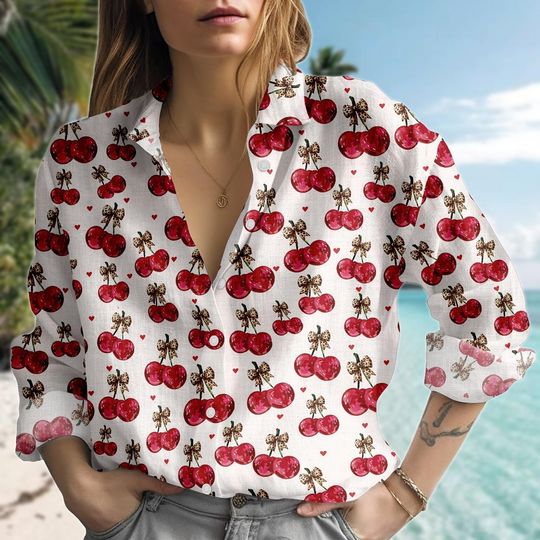 Cherry Coquette Blouse Shirt, Cute Fruit Women Shirt, Spring Summer Shirt, Retro Picnic Shirt, Vacation Shirt, Gift For Her