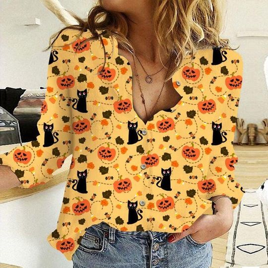 Halloween Black Cat & Ghost Blouse Shirt, Halloween Ghost Shirt, Spooky Season Cat Women Shirt, Halloween Gift