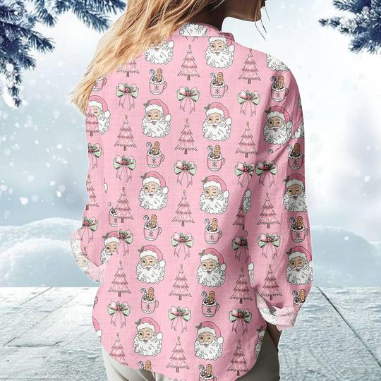 Pink Santa Christmas Blouse for Women, Holiday Tree Xmas Shirt