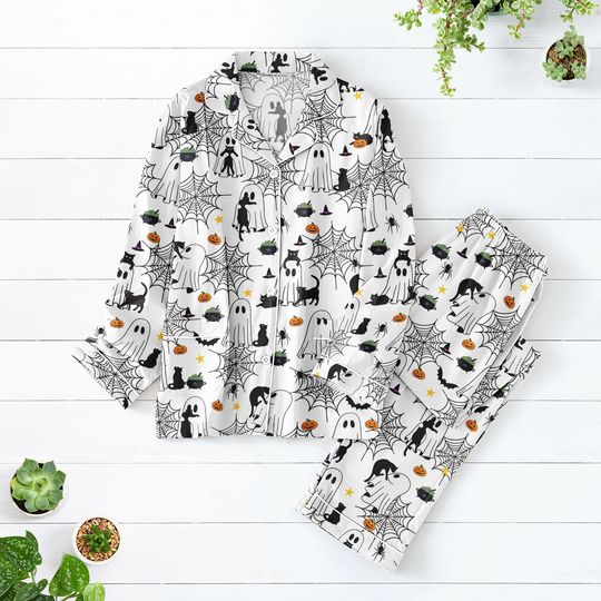 Cute Ghost Black Cat Pajamas, Halloween Pajamas Set, Pumpkin Women Pajamas, Spooky Season Gift, Halloween Party