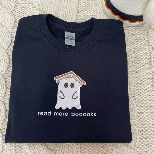 Ghost Book Sweatshirt Embroidered, Read More Booooks Sweatshirt