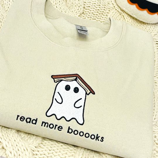 Ghost Book Sweatshirt Embroidered, Read More Booooks Sweatshirt