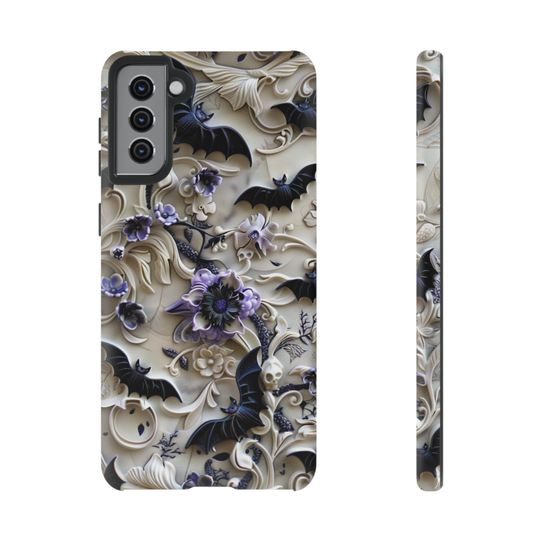 Purple Floral Bat Phone Case: Gothic Halloween Cover