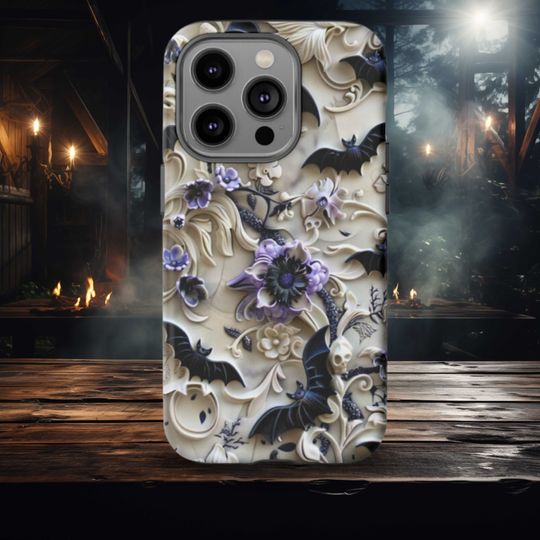 Purple Floral Bat Phone Case: Gothic Halloween Cover