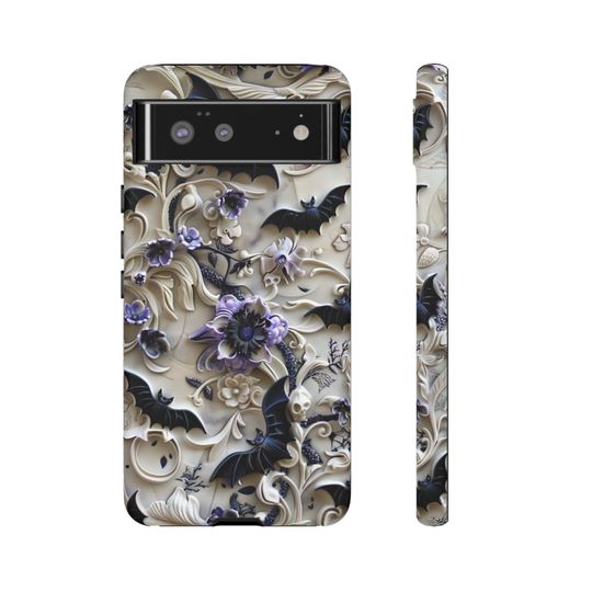 Purple Floral Bat Phone Case: Gothic Halloween Cover
