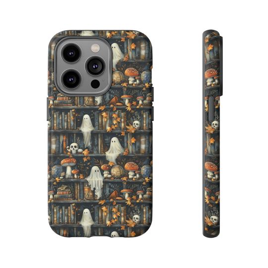 Bookish Ghost Phone Case: Dark Academia Bookshelf Skulls