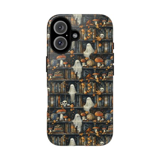 Bookish Ghost Phone Case: Dark Academia Bookshelf Skulls