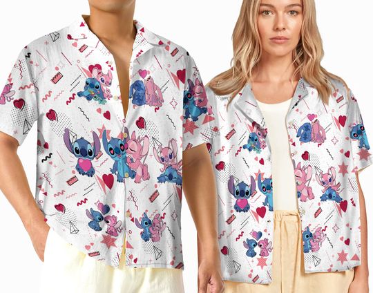 Stitch and Angel Valentine Shirt, Disney Stitch Hawaiian Shirt