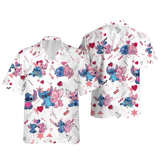 Stitch and Angel Valentine Shirt, Disney Stitch Hawaiian Shirt