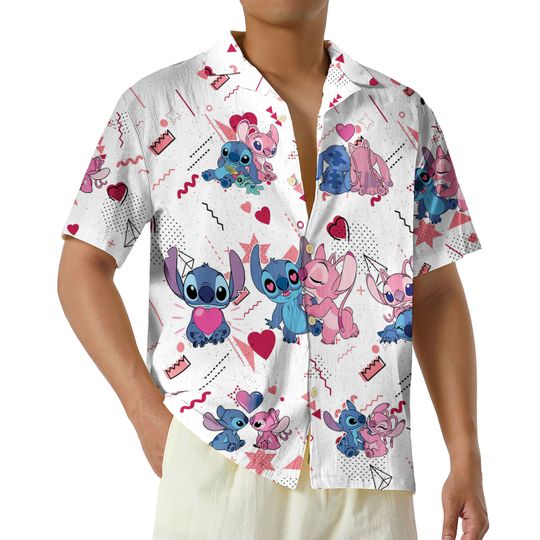 Stitch and Angel Valentine Shirt, Disney Stitch Hawaiian Shirt