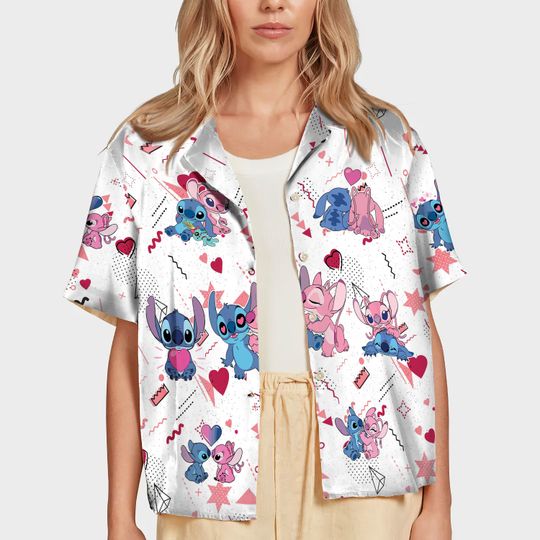 Stitch and Angel Valentine Shirt, Disney Stitch Hawaiian Shirt