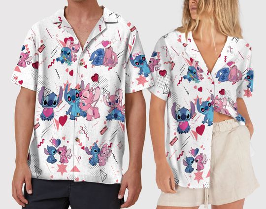 Stitch and Angel Valentine Shirt, Disney Stitch Hawaiian Shirt