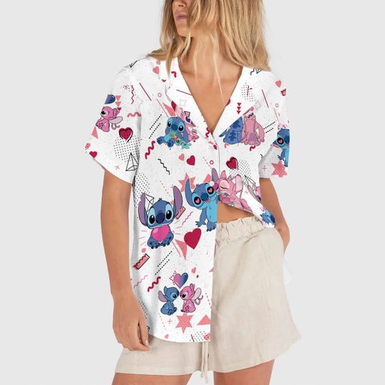Stitch and Angel Valentine Shirt, Disney Stitch Hawaiian Shirt