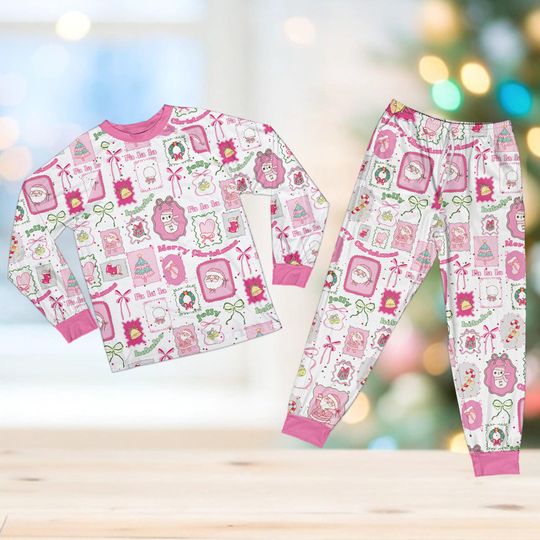 Coquette Christmas Pajama Set, Cute Preppy Christmas Long Sleeve Two Piece Pajama, Girly Christmas Pajamas, Tis The Season Holiday Xmas Gift