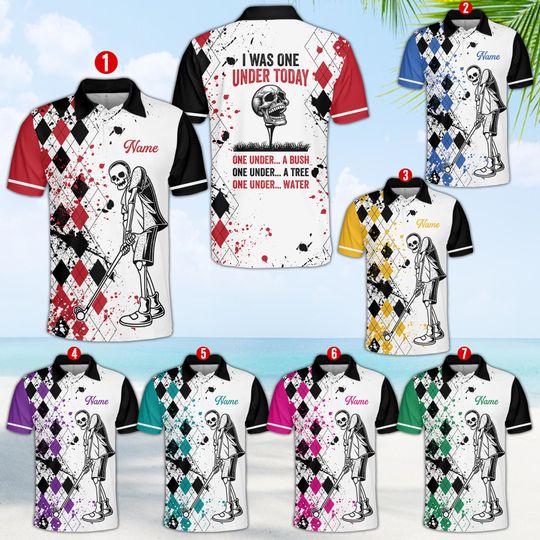 Custom Name Skeleton Golf Polo Shirt, Argyle Golf Polo for Men and Women, I Was One Under Today Funny Golf Shirt, Short Sleeve or Sleeveless