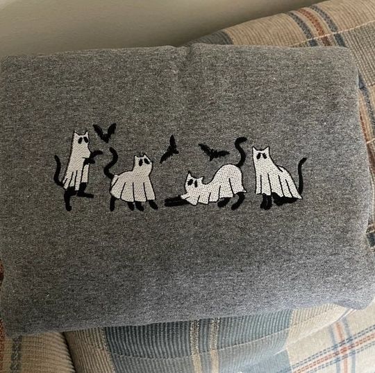 Cat Ghost Embroidered Sweatshirt, Cute Halloween Sweatshirt, Embroidered Cat Crewneck