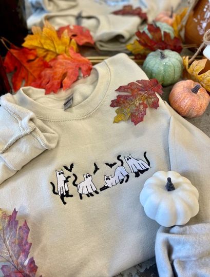 Cat Ghost Embroidered Sweatshirt, Cute Halloween Sweatshirt, Embroidered Cat Crewneck