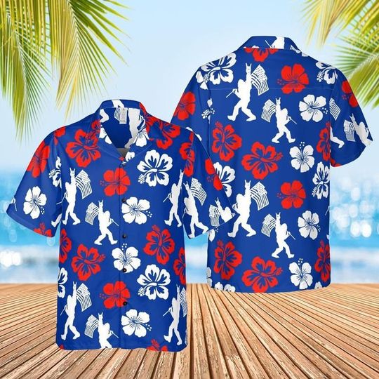 American Blue Sasquatch Pattern Regular Fit Hawaiian Shirt