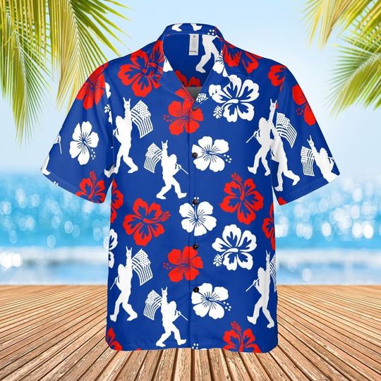 American Blue Sasquatch Pattern Regular Fit Hawaiian Shirt