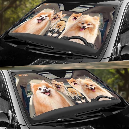 Pomeranian Family Car Sun Shade, Windshield Sun Shade