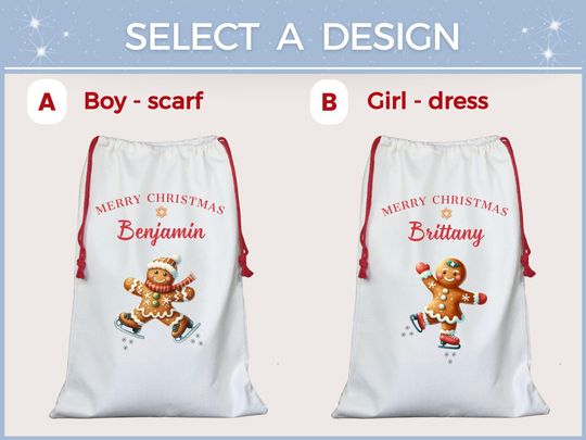 Personalized Gingerbread Santa Sack, Custom Christmas Gift Bag