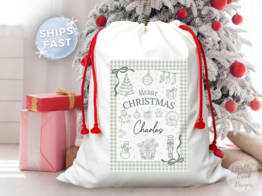 Personalized Christmas Santa Sack, Green Check Print