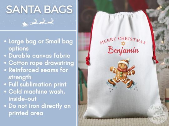 Personalized Gingerbread Santa Sack, Custom Christmas Gift Bag
