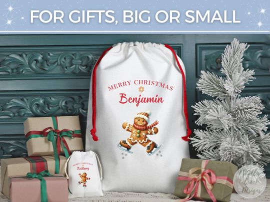 Personalized Gingerbread Santa Sack, Custom Christmas Gift Bag
