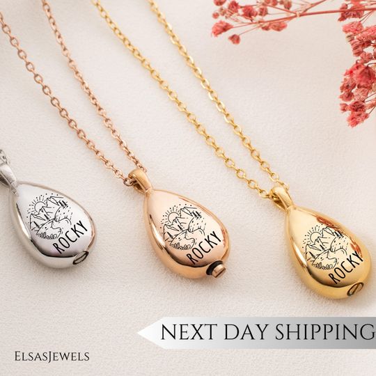 Personalized Teardrop Cremation Necklace with Name Mountain Design Memorial Jewelry