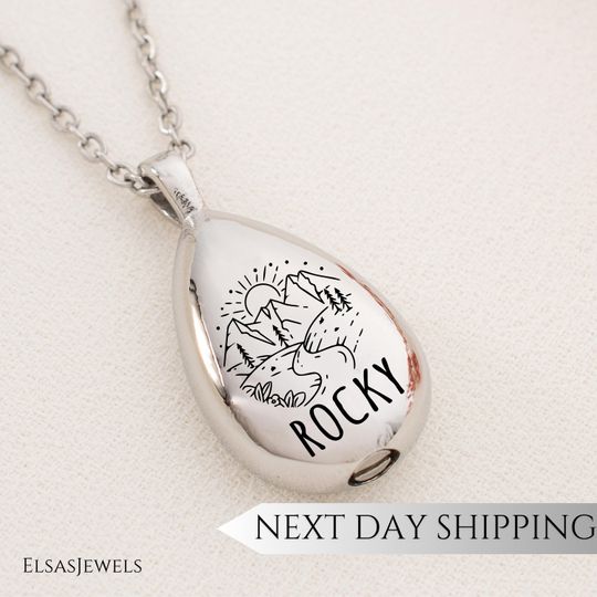 Personalized Teardrop Cremation Necklace with Name Mountain Design Memorial Jewelry
