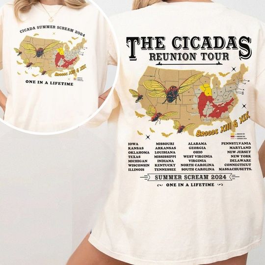 The Cicada Summer Concert Scream Reunion Tour 2024 Broods XIII XIX Double Sided T-Shirt