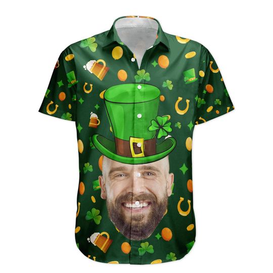 Custom Face Funny Happy St Patrick's Day, Custom Photo Hawaiian Shirts, Perfect Gift For Beer Lover, Funny Face Shamrock Shirt, Gift for Him