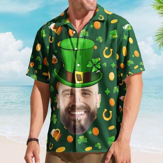Custom Face Funny Happy St Patrick's Day, Custom Photo Hawaiian Shirts, Perfect Gift For Beer Lover, Funny Face Shamrock Shirt, Gift for Him