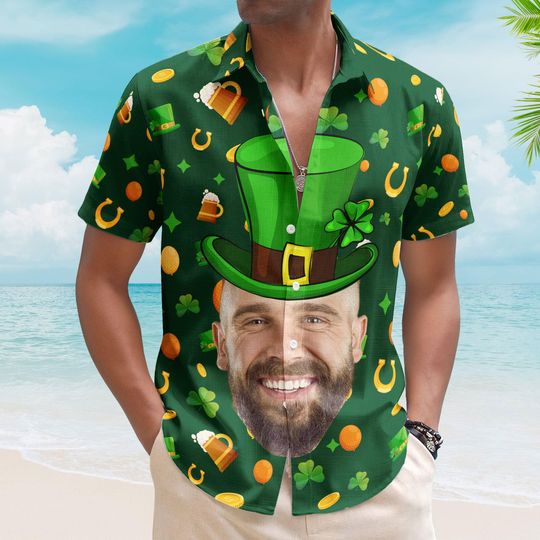 Custom Face Funny Happy St Patrick's Day, Custom Photo Hawaiian Shirts, Perfect Gift For Beer Lover, Funny Face Shamrock Shirt, Gift for Him