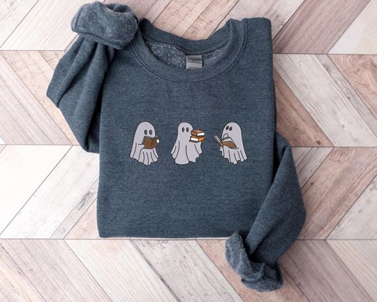 Spooky Ghost Reading Book Sweatshirt, Embroidered Halloween Crewneck Sweatshirt