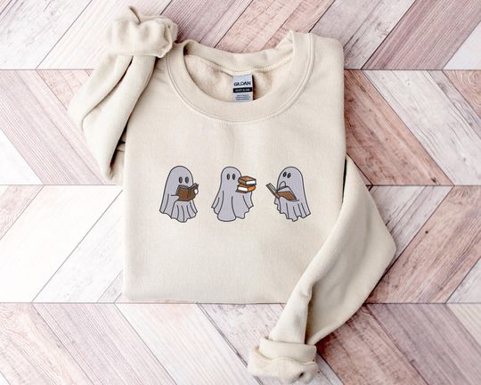 Spooky Ghost Reading Book Sweatshirt, Embroidered Halloween Crewneck Sweatshirt
