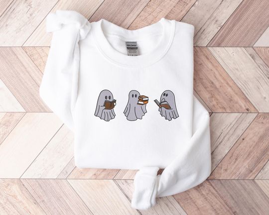 Spooky Ghost Reading Book Sweatshirt, Embroidered Halloween Crewneck Sweatshirt