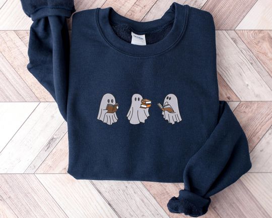 Spooky Ghost Reading Book Sweatshirt, Embroidered Halloween Crewneck Sweatshirt