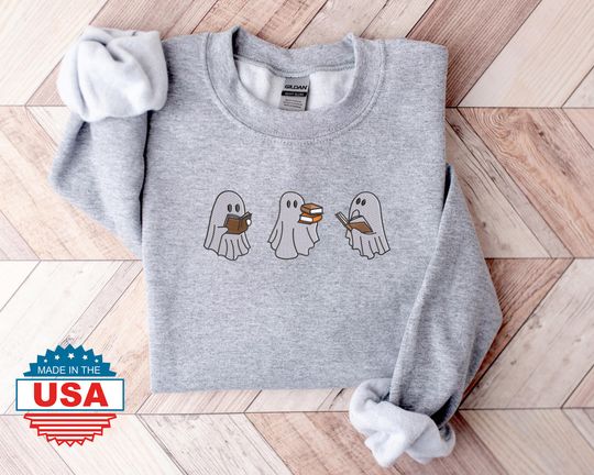 Spooky Ghost Reading Book Sweatshirt, Embroidered Halloween Crewneck Sweatshirt