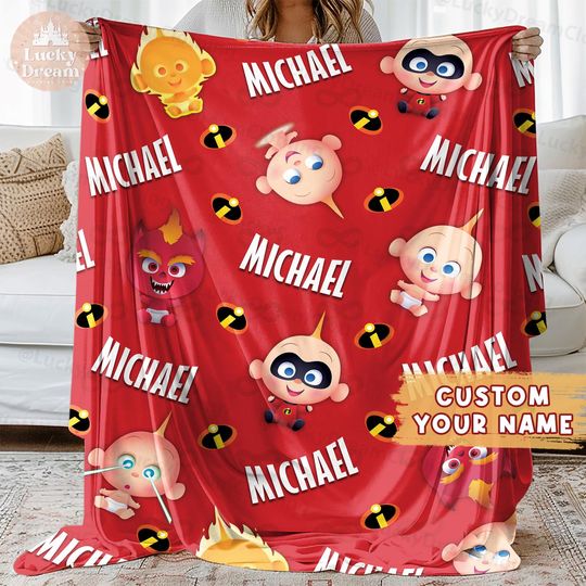 Personalized Disney Pixar Jack Jack The Incredibles Blanket, Custom Name Disney Incredibles Baby Kids Blanket, Disney Birthday Gift For Boy