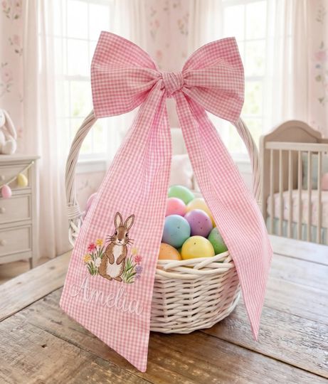 Personalized Easter Sash for Basket, Embroidered Bunny Name Tag, Custom Gingham Bow, Monogram Easter Gift for Kids, Wreath Sash Decoration