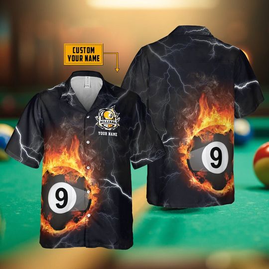 Billiard 9 Ball Fire Flame Hawaiian Shirt Personalized Billiard Hawaii Shirt Pool Player Shirt Gifts For Billiard Player Father's day Gift