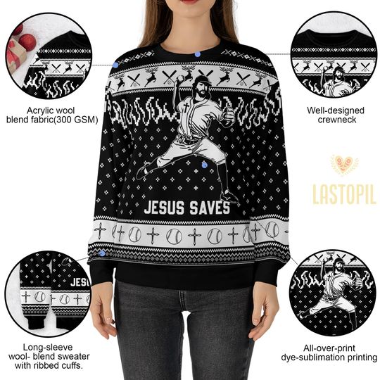 Jesus Saves Baseball Ugly Christmas Sweater Player Mom Crewneck Pullover