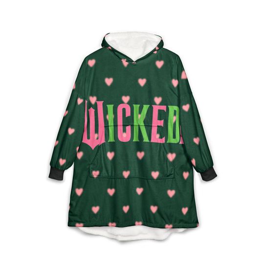 WICKED FOR GOOD heart Hooded Blanket | green pink hearts, cozy wearable blanket
